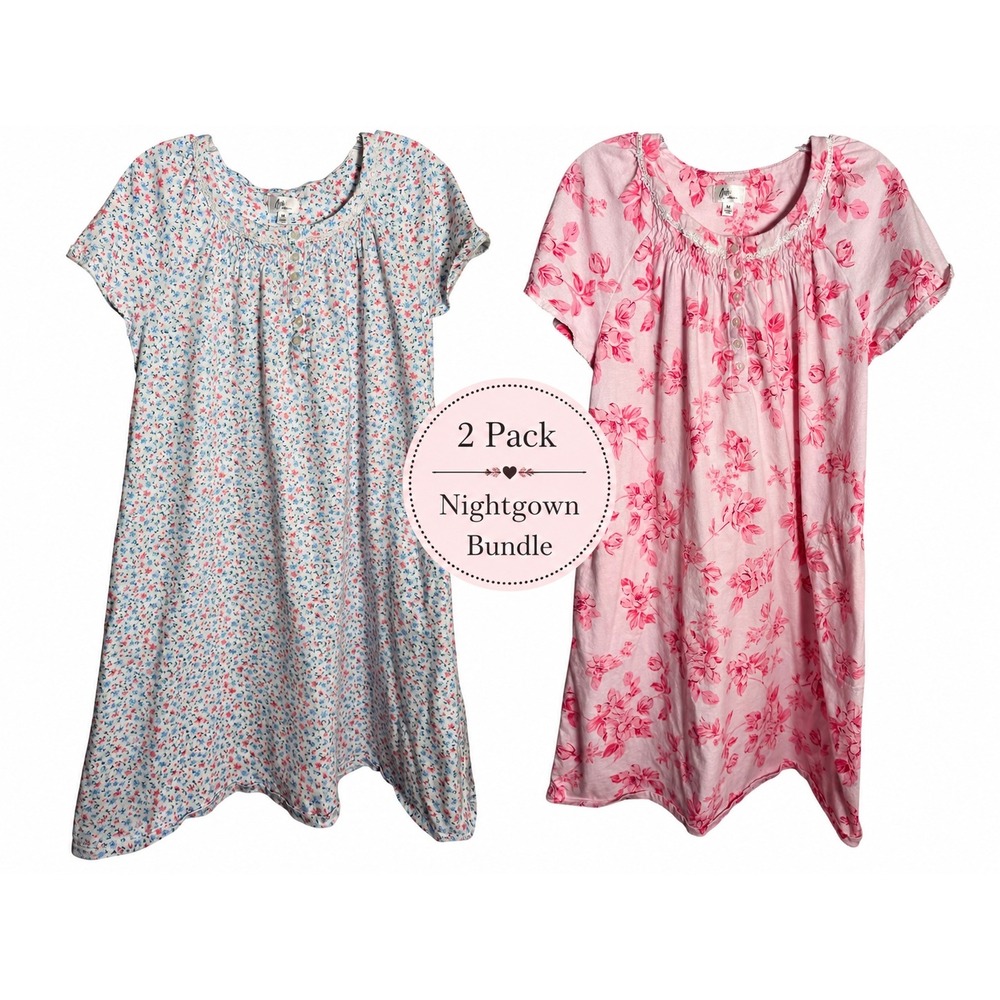 Aria Collection Nightgown Bundle Women Size M Pink Blue 100% Cotton Floral Sleep